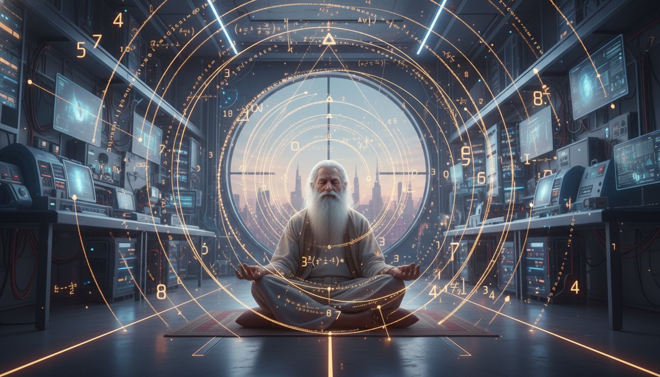 A serene sage sitting in a modern laboratory, with golden geometric patterns of numbers floating in the air around them, blending ancient wisdom with quantum physics aesthetics.