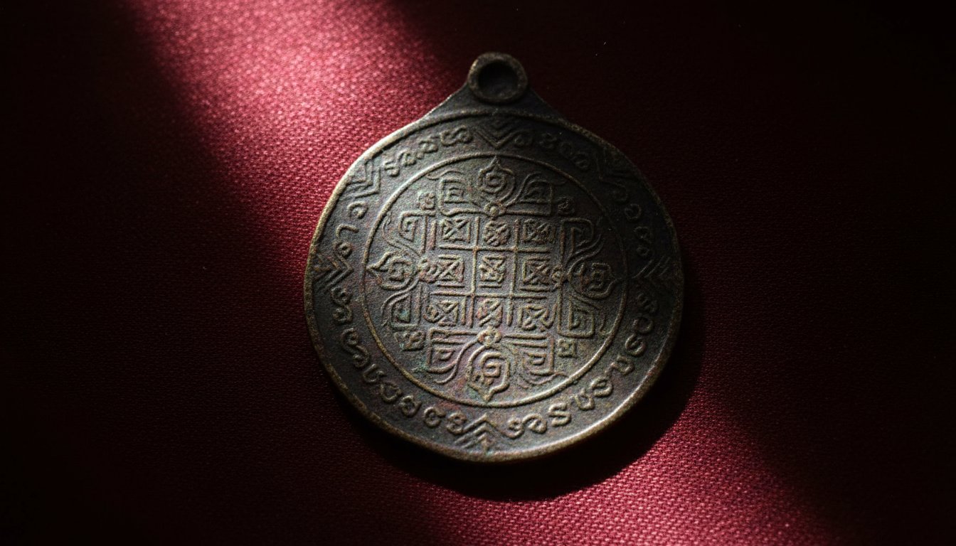 A close-up, high-contrast photograph of a traditional Thai bronze amulet, showing intricate geometric patterns and ancient Khom script, resting on a dark silk background with a single beam of light highlighting the texture.
