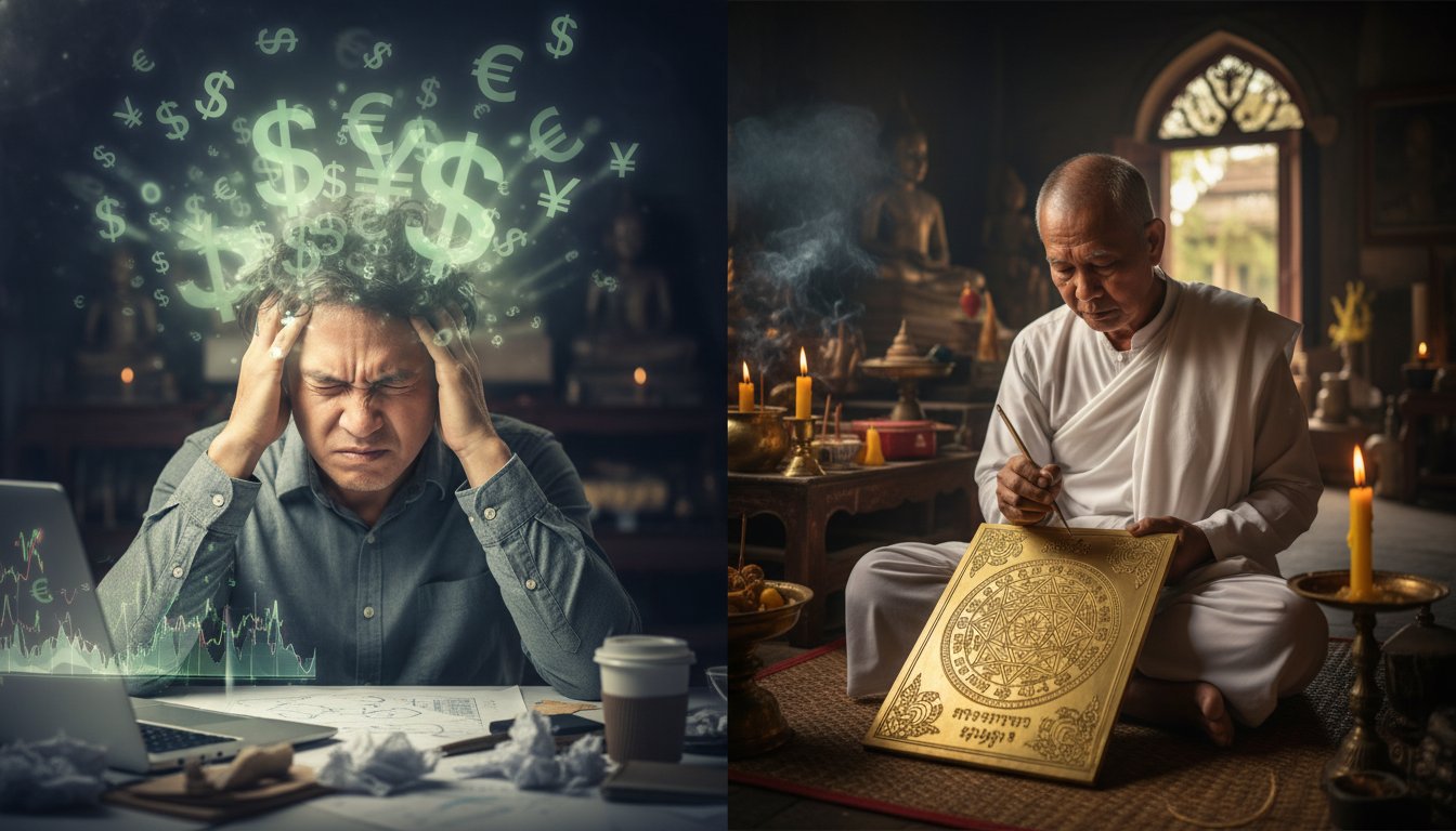 A split-screen visual showing a person looking stressed while trying to visualize money, contrasted with a traditional Thai master calmly inscribing a complex geometric Yantra on a piece of sacred metal with precision.