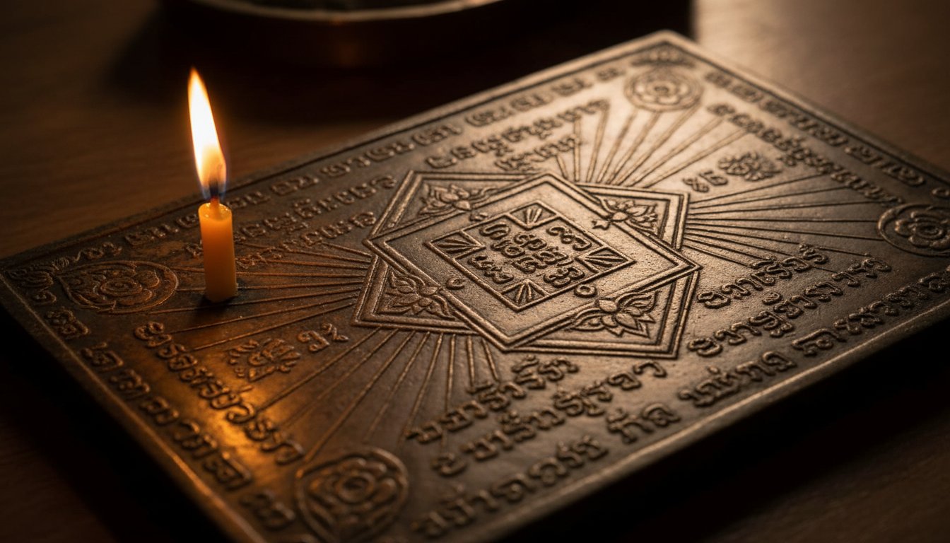 A close-up, high-contrast shot of a traditional Thai bronze yantra plate, showing intricate geometric etchings and ancient Khom script, lit by a single candle to highlight the metallic texture.