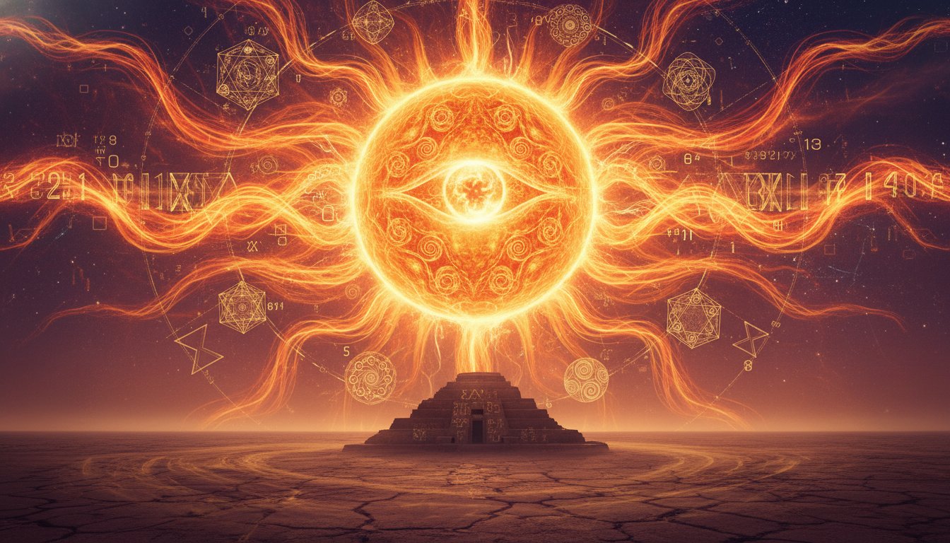 A stylized depiction of a radiating sun, with intricate numerical patterns and sacred geometry subtly integrated into its fiery rays, symbolizing the cosmic origin of numerical vibrations.