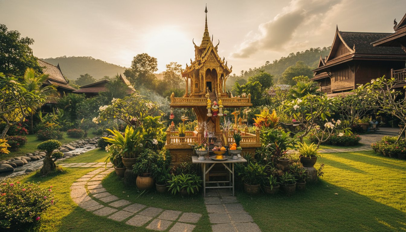 A wide-angle shot of a Thai Spirit House (San Phra Phum) glowing under golden hour light, positioned perfectly in a garden to show the balance between man-made structures and natural energy flow.