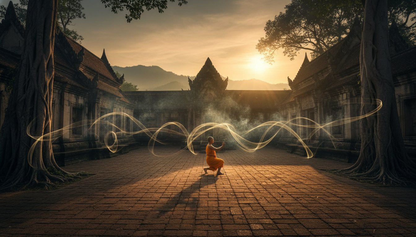 A wide-angle, cinematic shot of an ancient Thai temple courtyard at dawn, where a practitioner is performing slow, rhythmic movements, surrounded by intricate stone carvings and swirling incense smoke that seems to trace invisible energy lines in the air.