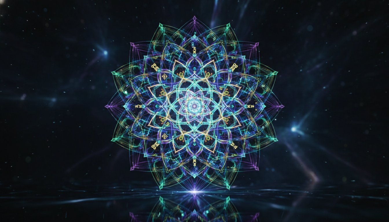 An abstract, intricate pattern resembling a dynamic, flowing mandala, composed of interwoven numerical sequences that glow with inner light, symbolizing the interconnectedness and energy of these master keys.