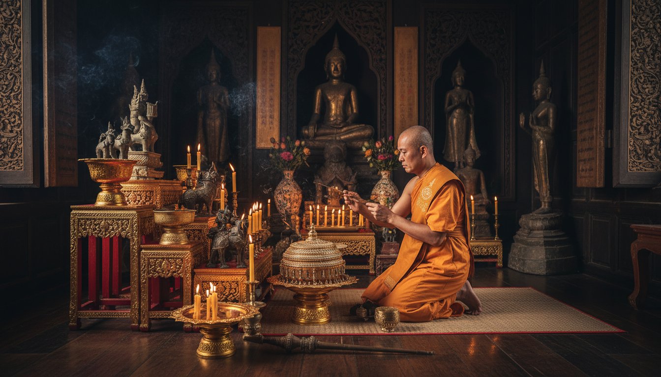 A wide shot of a master practitioner in a dimly lit, traditional Thai shrine, surrounded by flickering candles and ancient statues, performing a ritual over a collection of gold and bronze objects.