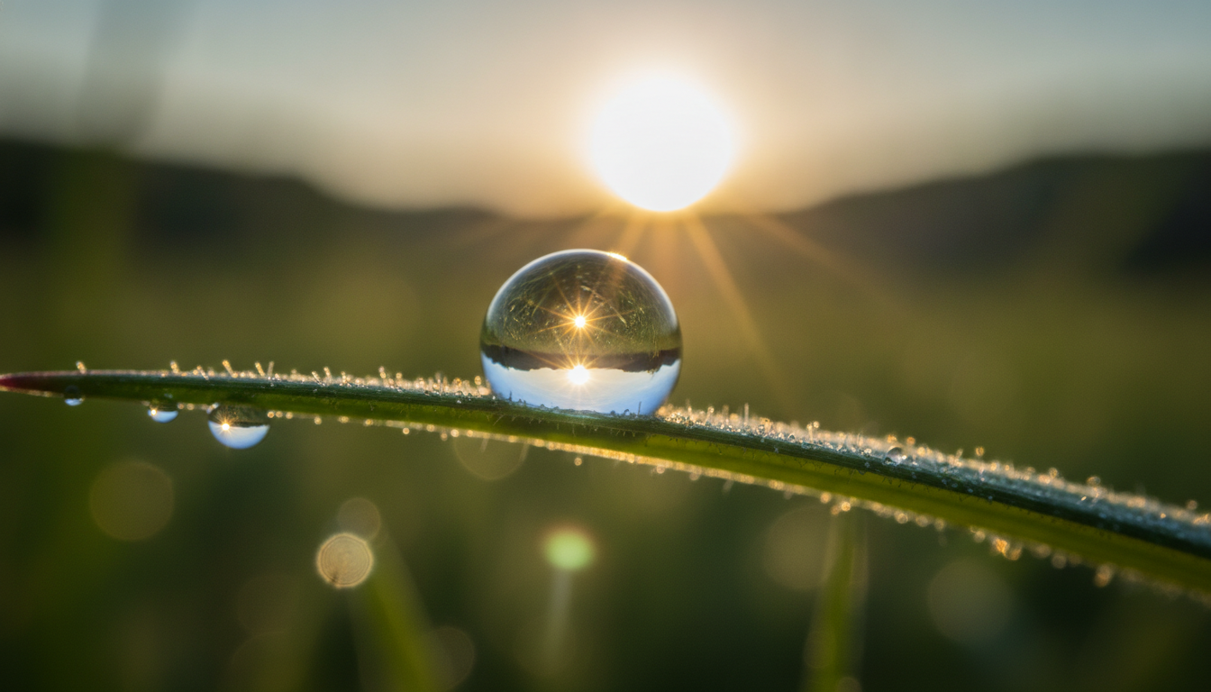 A close-up of a single dewdrop on a blade of grass, reflecting the entire sun, symbolizing the vastness of the universe contained within a small, mundane moment.