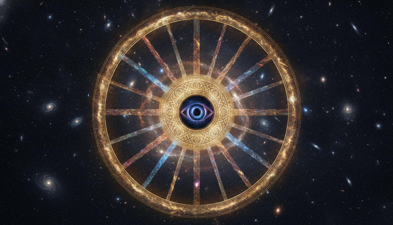 A giant, celestial golden wheel spinning in deep space, with each spoke representing a different life or era, and a serene, unmoving eye at the very center of the hub.