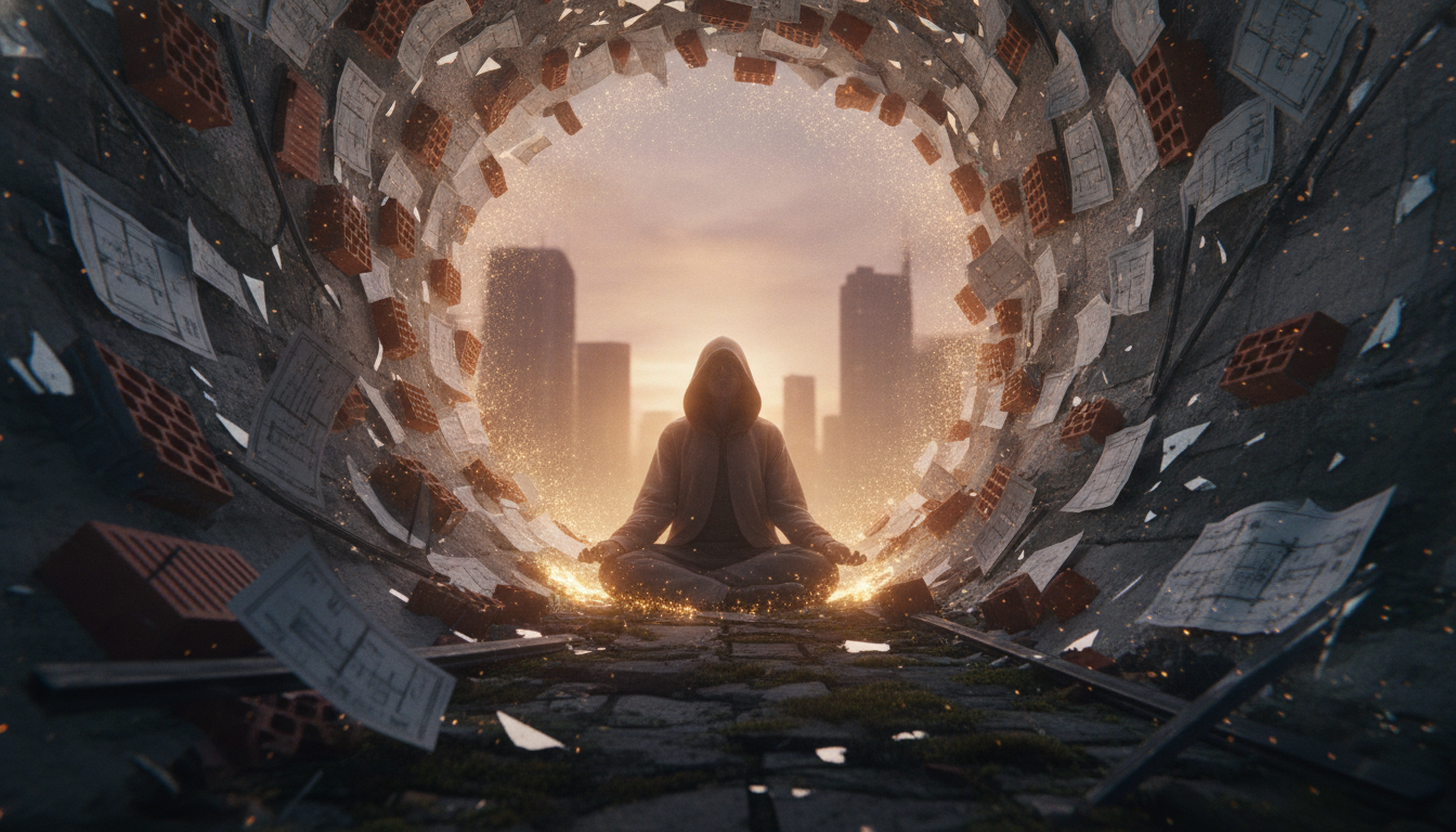 A peaceful figure sitting in the center of a chaotic whirlwind of architectural sketches and floating bricks, but the figure is glowing with a soft light, and wherever the light touches, the sketches dissolve into thin air.