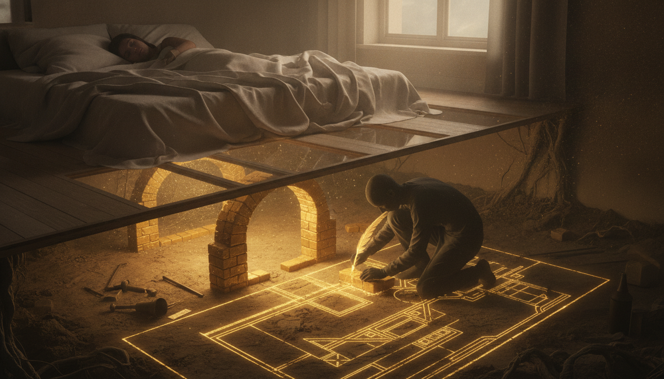 A surreal, dreamlike scene showing a person sleeping in a bed, while beneath the floorboards, a shadow version of themselves is meticulously laying bricks and drawing complex blueprints on the ground using glowing golden ink.