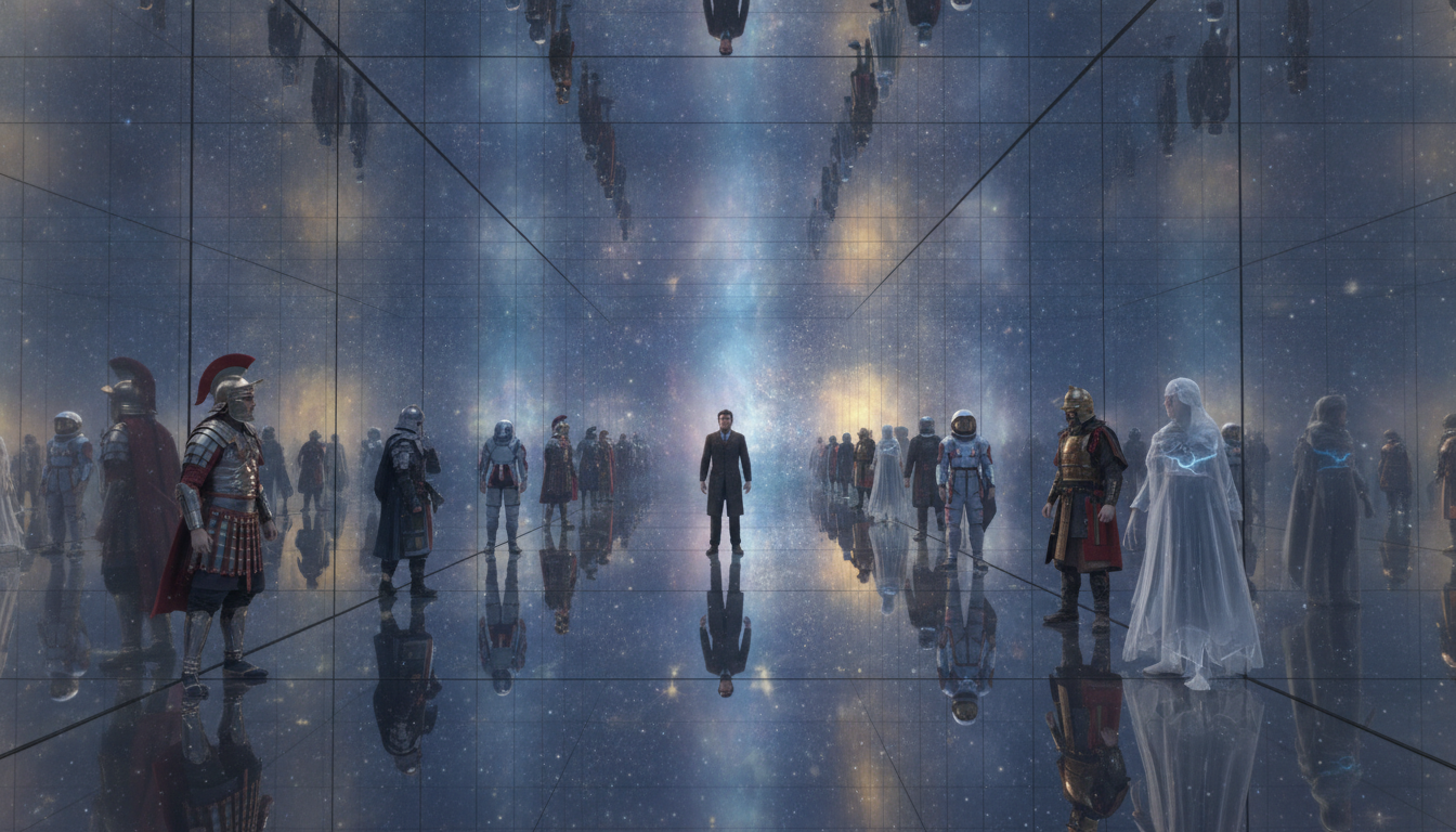 A surreal, infinite hallway of mirrors, each mirror reflecting a different version of the same being in various historical and futuristic garbs, stretching into a cosmic fog.