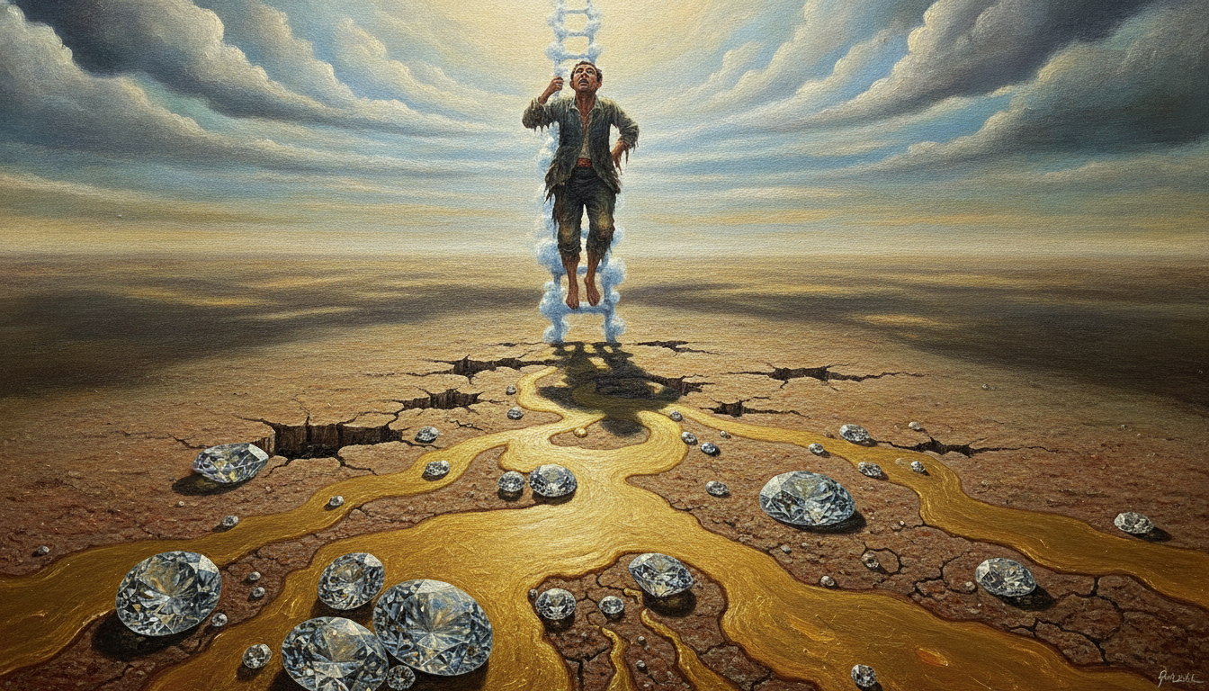 A surreal painting of a man trying to climb a ladder made of clouds, while beneath his feet, the ordinary ground is turning into gold and diamonds that he fails to notice.