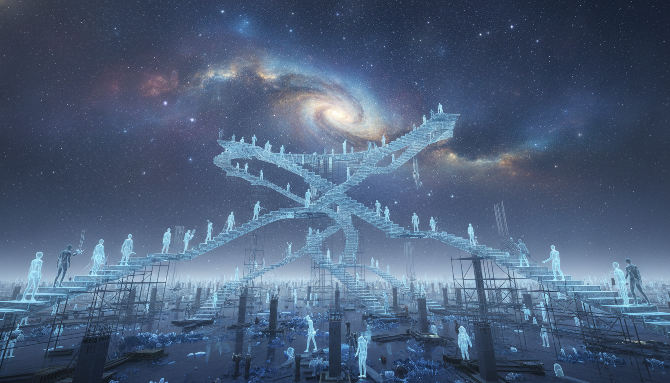 A vast, infinite construction site where thousands of transparent, ghost-like figures are building complex, interlocking stairways that lead nowhere, under a sky filled with swirling constellations and nebulae.