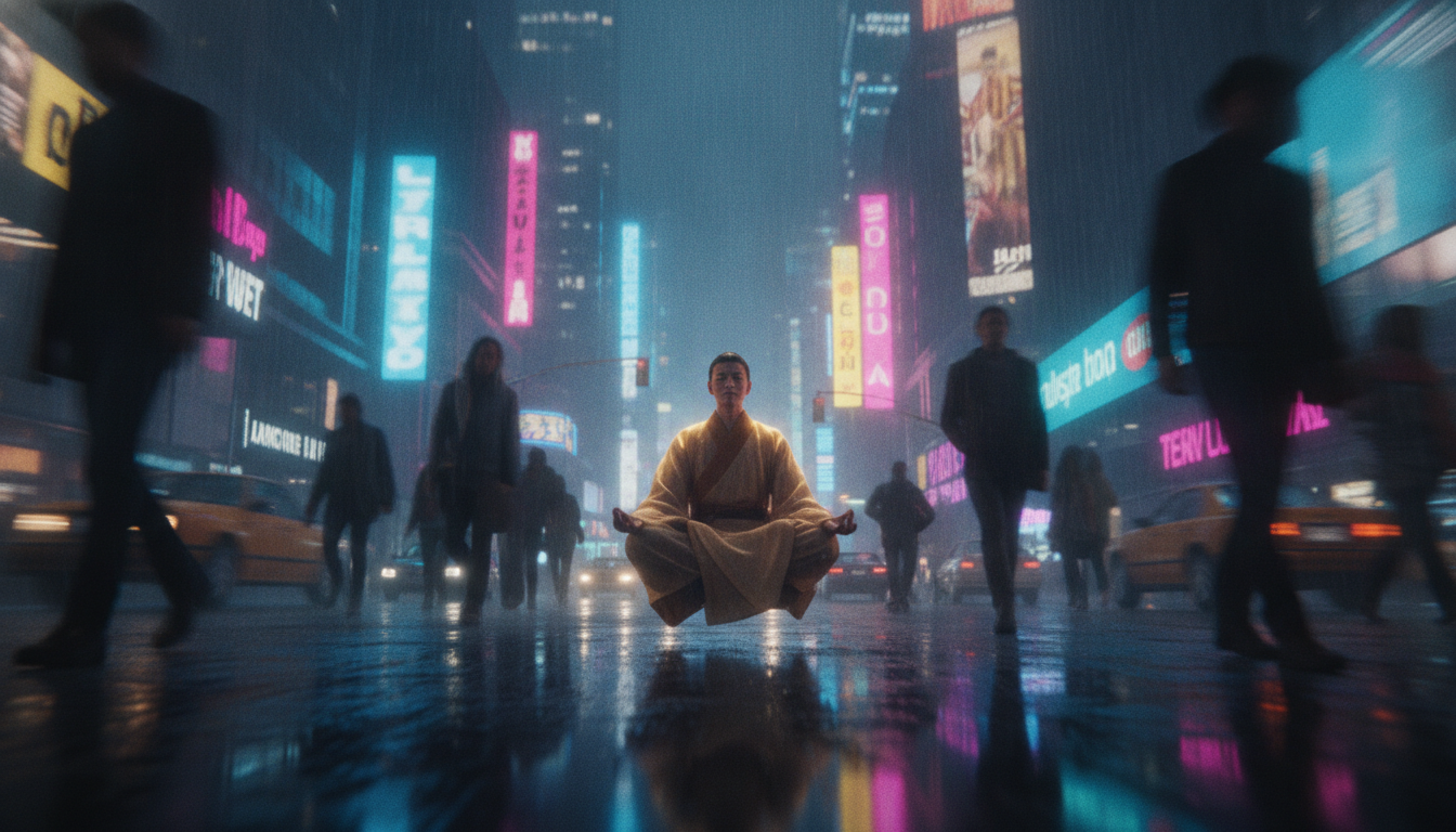 A wide-angle shot of a person sitting in meditation in the middle of a chaotic, neon-lit city street, with blurred crowds rushing past, while the person remains perfectly still and luminous.