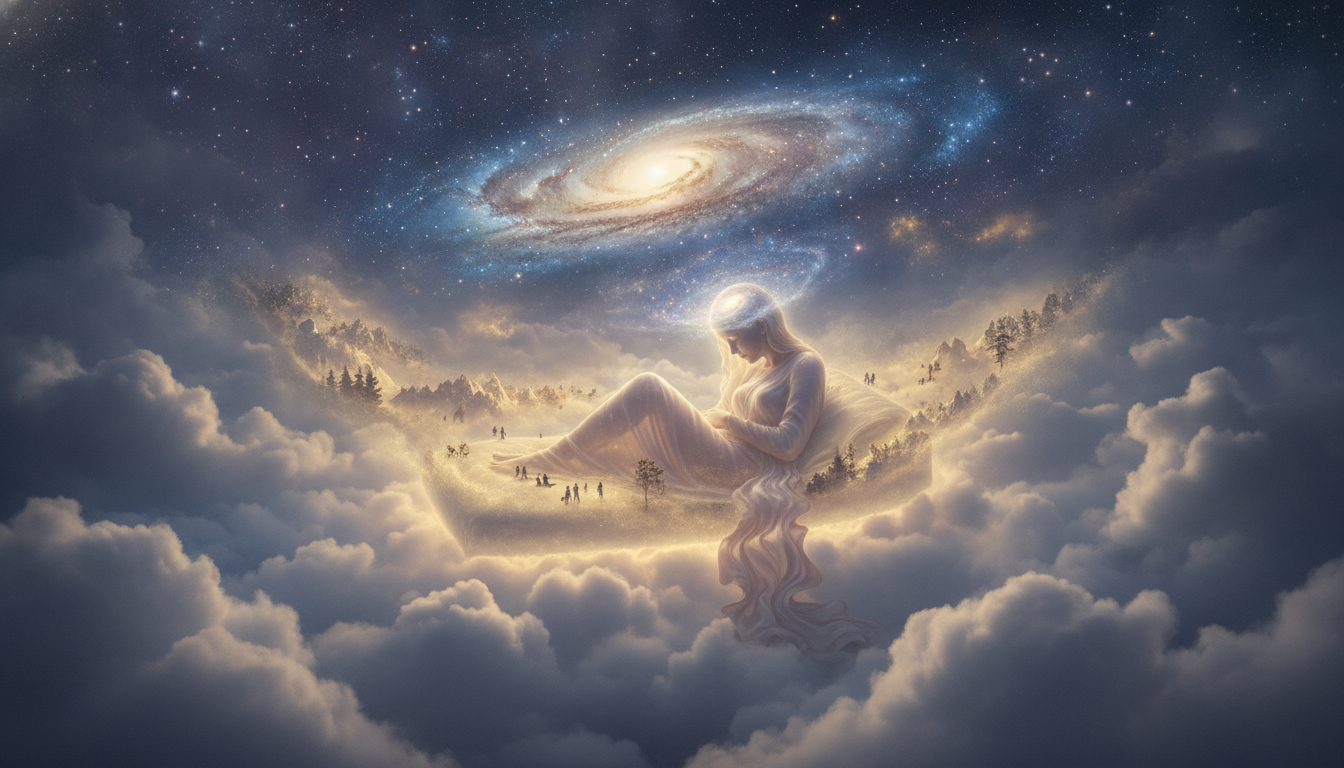 An ethereal figure sleeping on a bed of clouds, with a galaxy emerging from its forehead, where tiny figures and landscapes are forming out of golden mist.