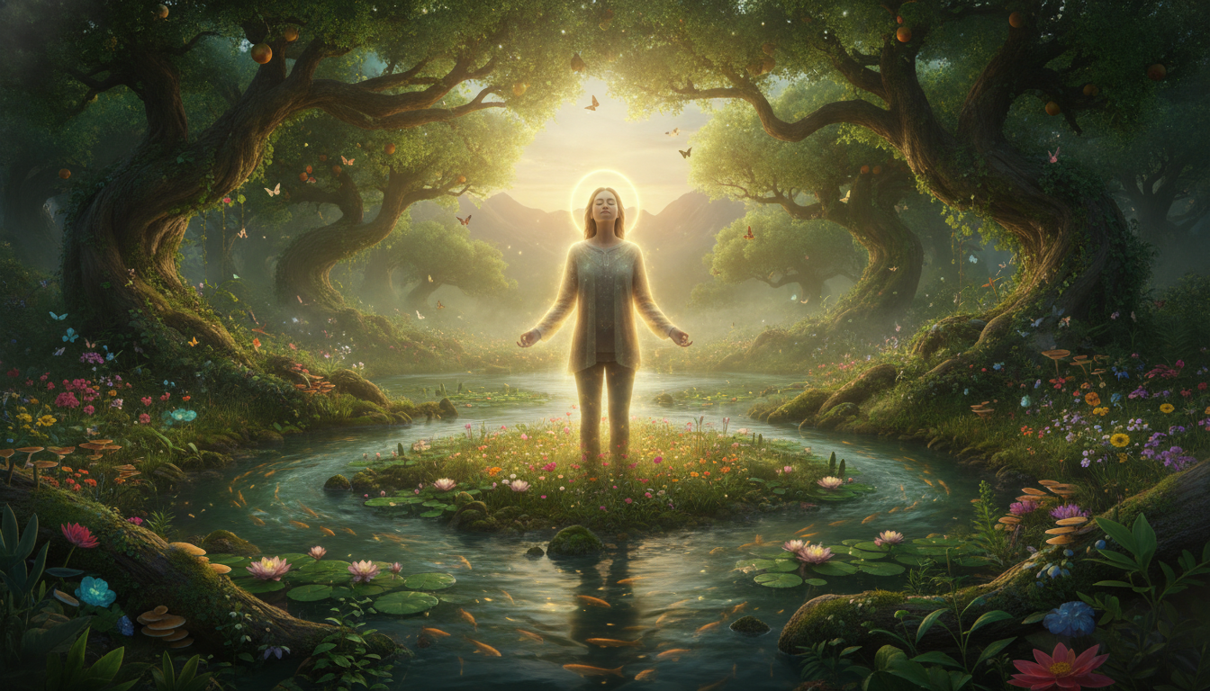 A calm, centered figure with an aura of light or gentle energy, surrounded by elements of nature (trees, water) that seem to be thriving around them, symbolizing the natural abundance and magnetic quality of an overflowing source.