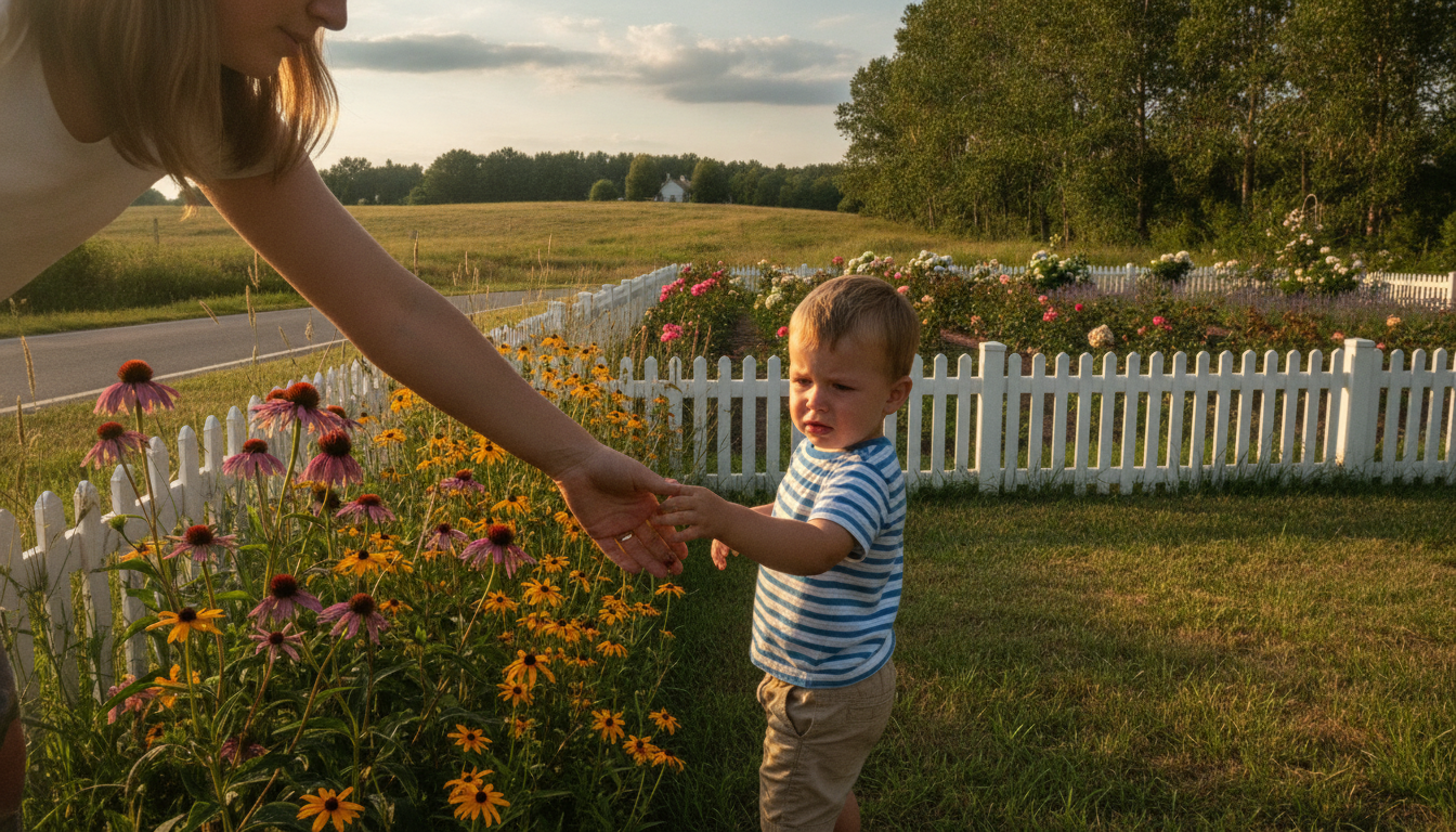 A child's small hand reaching out for a vibrant, wild flower, but a larger adult hand is gently but firmly pulling the child's arm back towards a neatly manicured, fenced garden. The child's face shows a hint of confusion/sadness.
