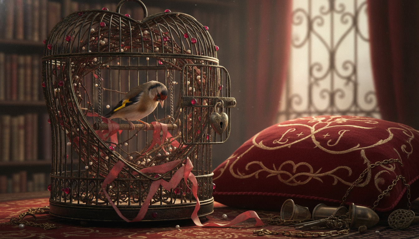 A delicate bird with clipped wings, sitting inside a beautiful but restricting ornate cage, symbolizing love that has become a prison due to seeking and control.