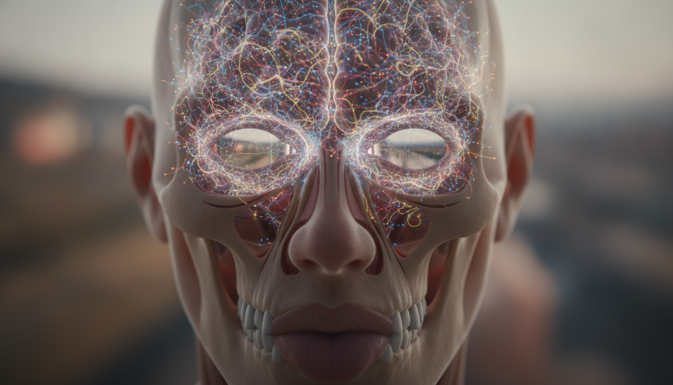 A detailed anatomical cross-section of the human head, where the brain's activity is depicted as a dense, tangled web of glowing lines and connections, forming an impenetrable barrier or filter between the eyes and the external world, symbolizing the mind's projections blocking clear perception.