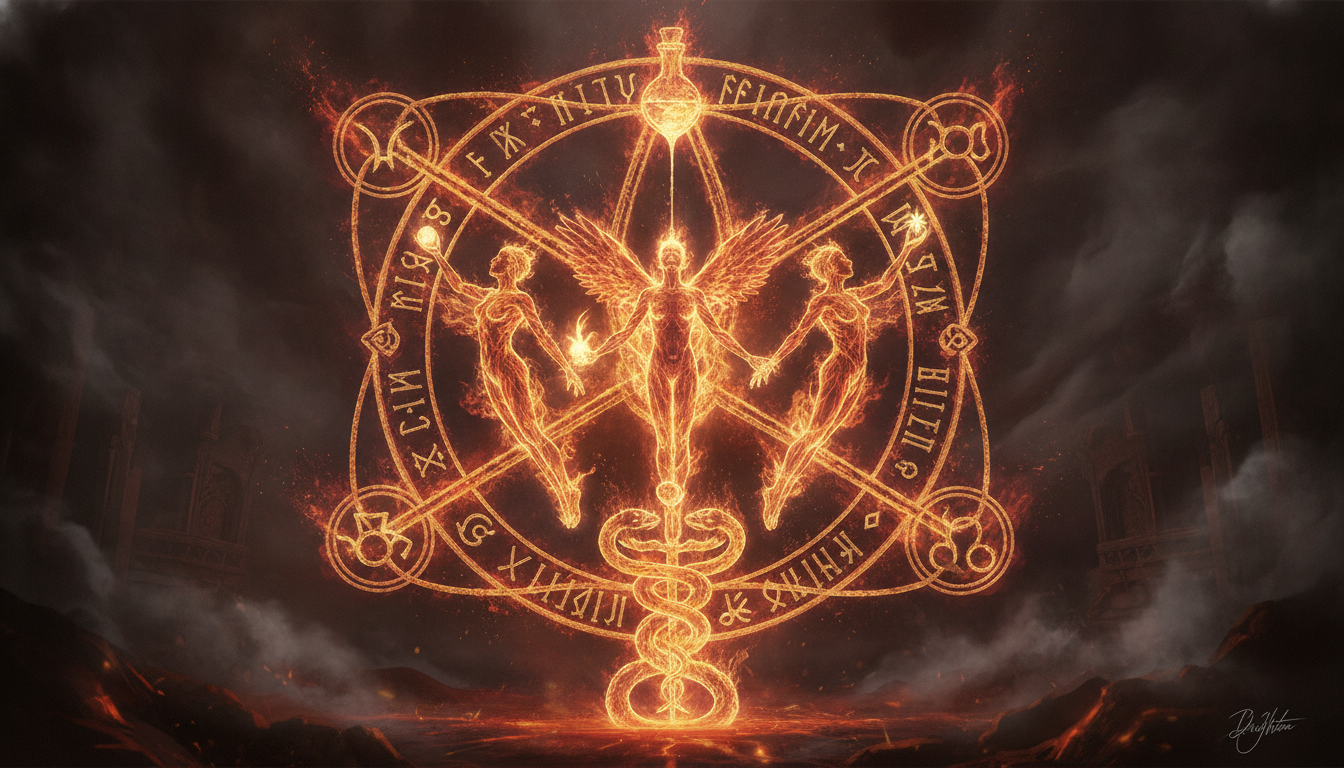 A fiery, intricate alchemical symbol with human figures emerging from flames, suggesting transformation rather than destruction. The figures are not in agony, but in a state of evolving awareness.