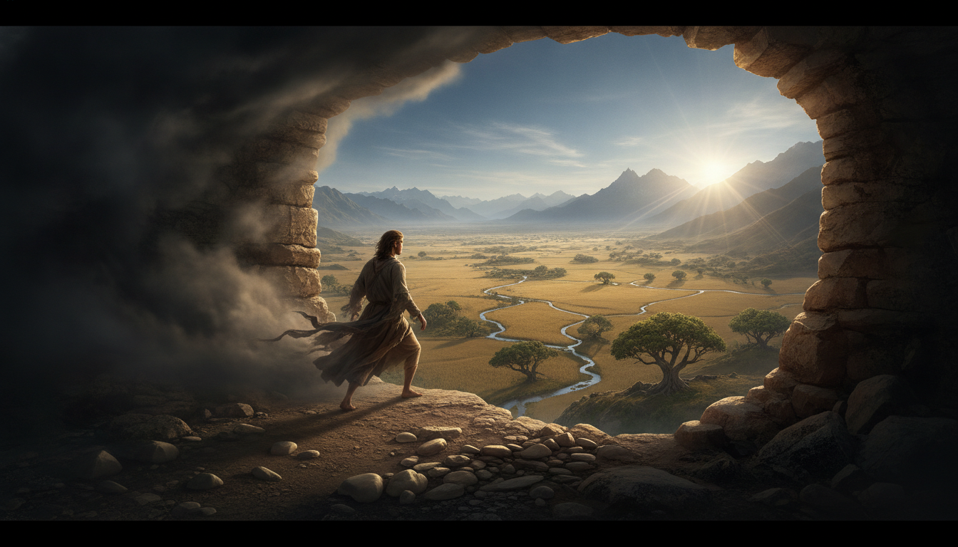 A figure, initially shrouded in mist and shadows in a confined space, steps out into a vast, sunlit landscape with an expansive sky, symbolizing liberation and clarity of vision after shedding limitations.