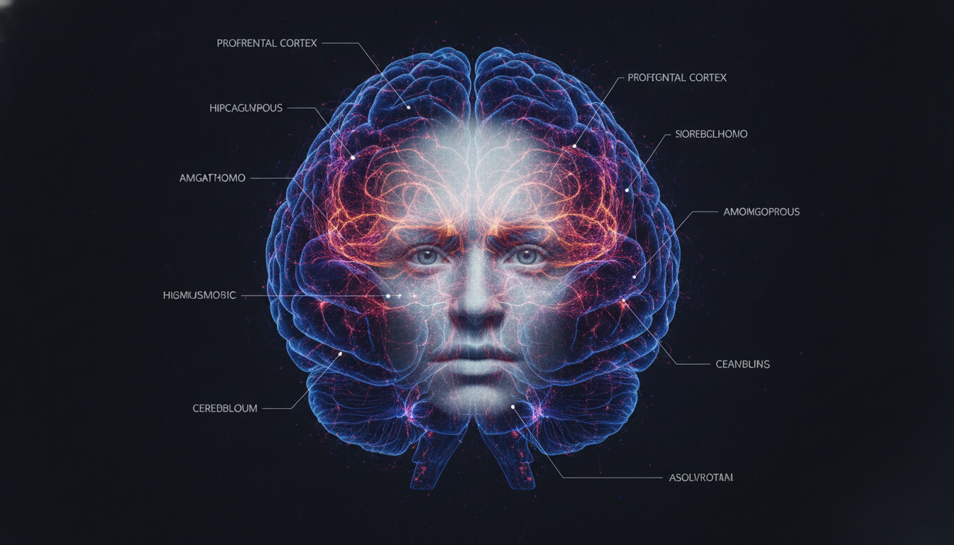 A highly detailed, complex diagram of the human brain with lines connecting different regions, but in the center, a subtle, introspective human face is faintly superimposed, looking outward with a questioning expression, suggesting the observer within the observed system.