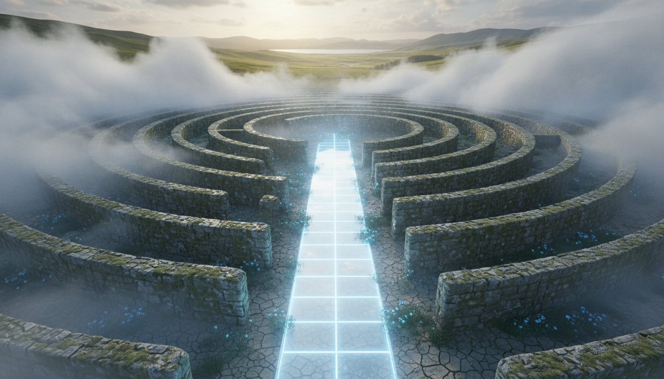 A labyrinth dissolving into mist, with a single, clear, luminous path emerging from the center, leading into an open, expansive landscape.