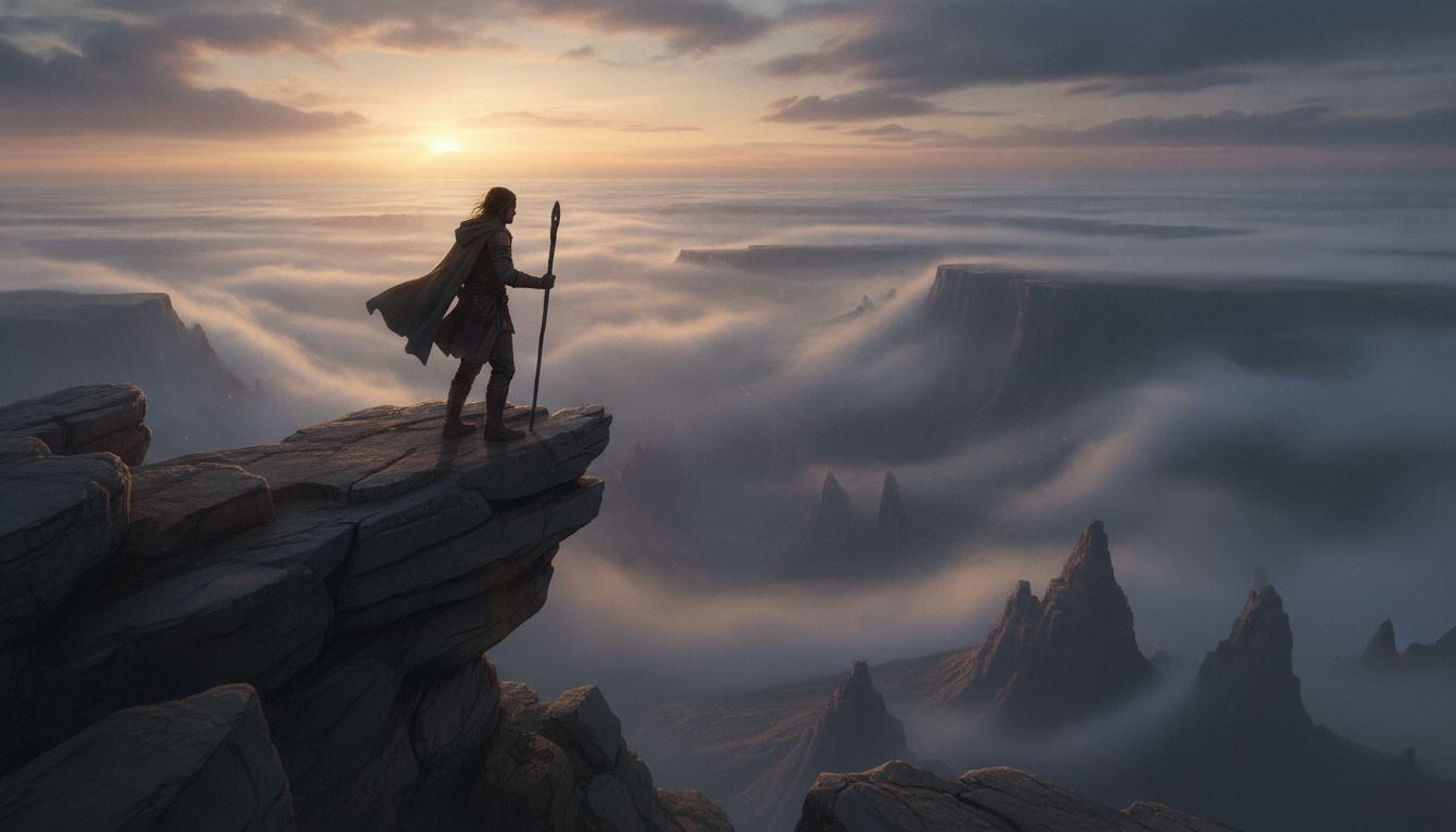 A lone figure standing at the edge of a vast, misty canyon, looking out into the unknown horizon, embodying both courage and uncertainty.