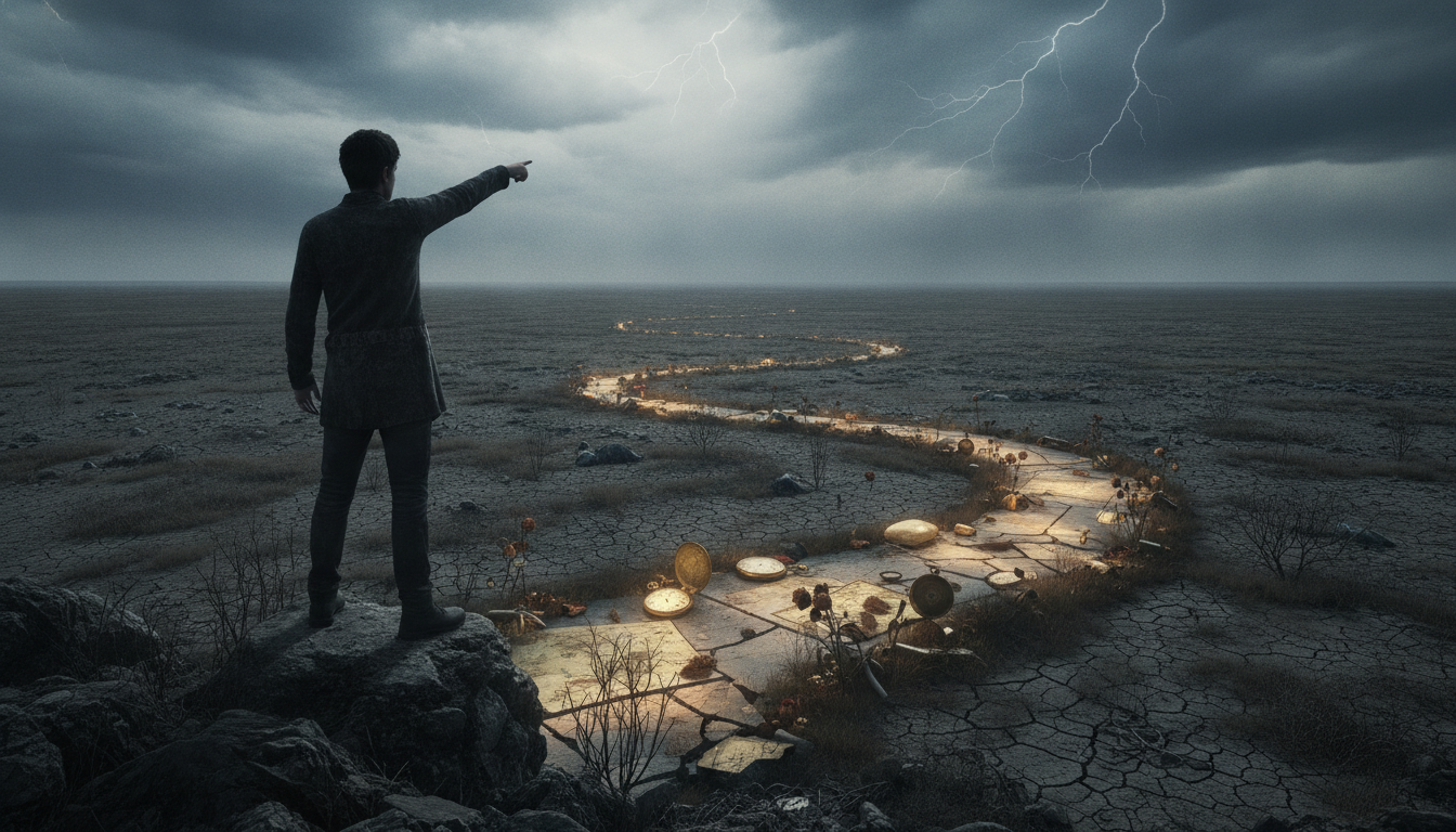 A lone figure standing on a desolate landscape, looking up at a stormy sky, pointing an accusing finger, while behind him, a winding path of missed opportunities is clearly visible, leading away from where he stands.
