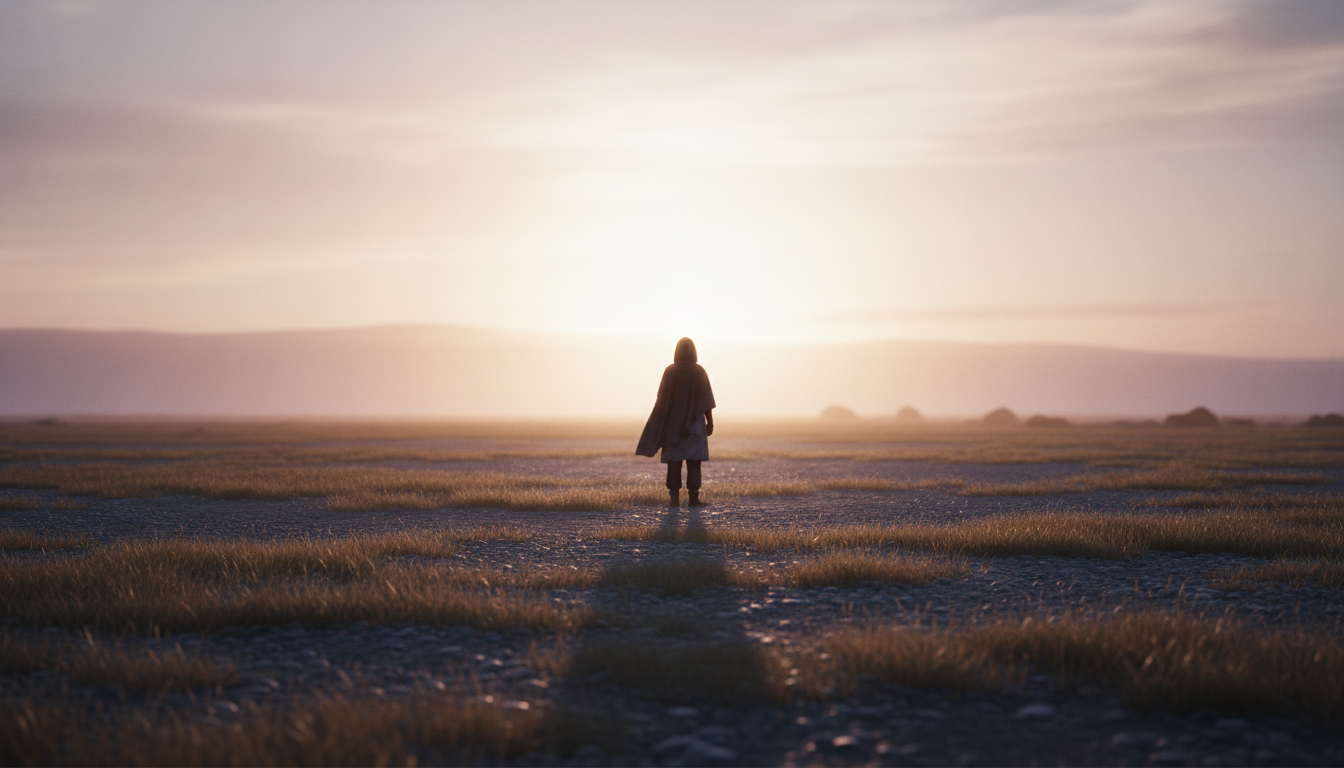 A lone figure standing on a vast, empty plain at dawn, looking towards a horizon that is simultaneously bright and undefined, conveying a sense of peace in the face of the unknown.