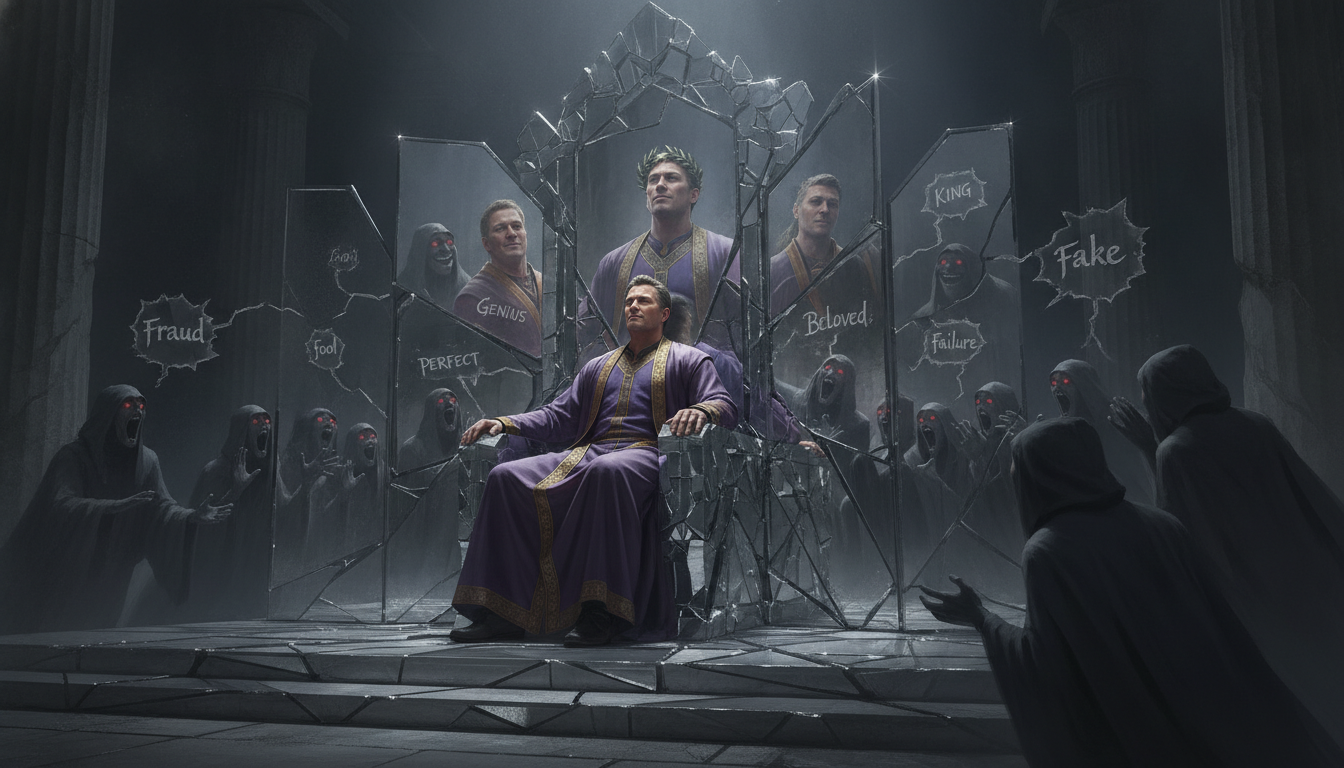 A man sitting on a throne made of mirrors, admiring his reflection, while shadowy figures outside the mirrors whisper criticisms he cannot hear. The mirrors distort the whispers into compliments.