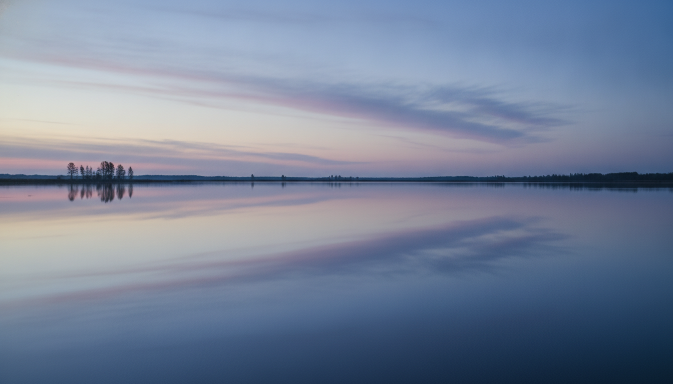 A minimalist image of a calm, still lake reflecting the sky, symbolizing clarity and stillness of mind when unperturbed.