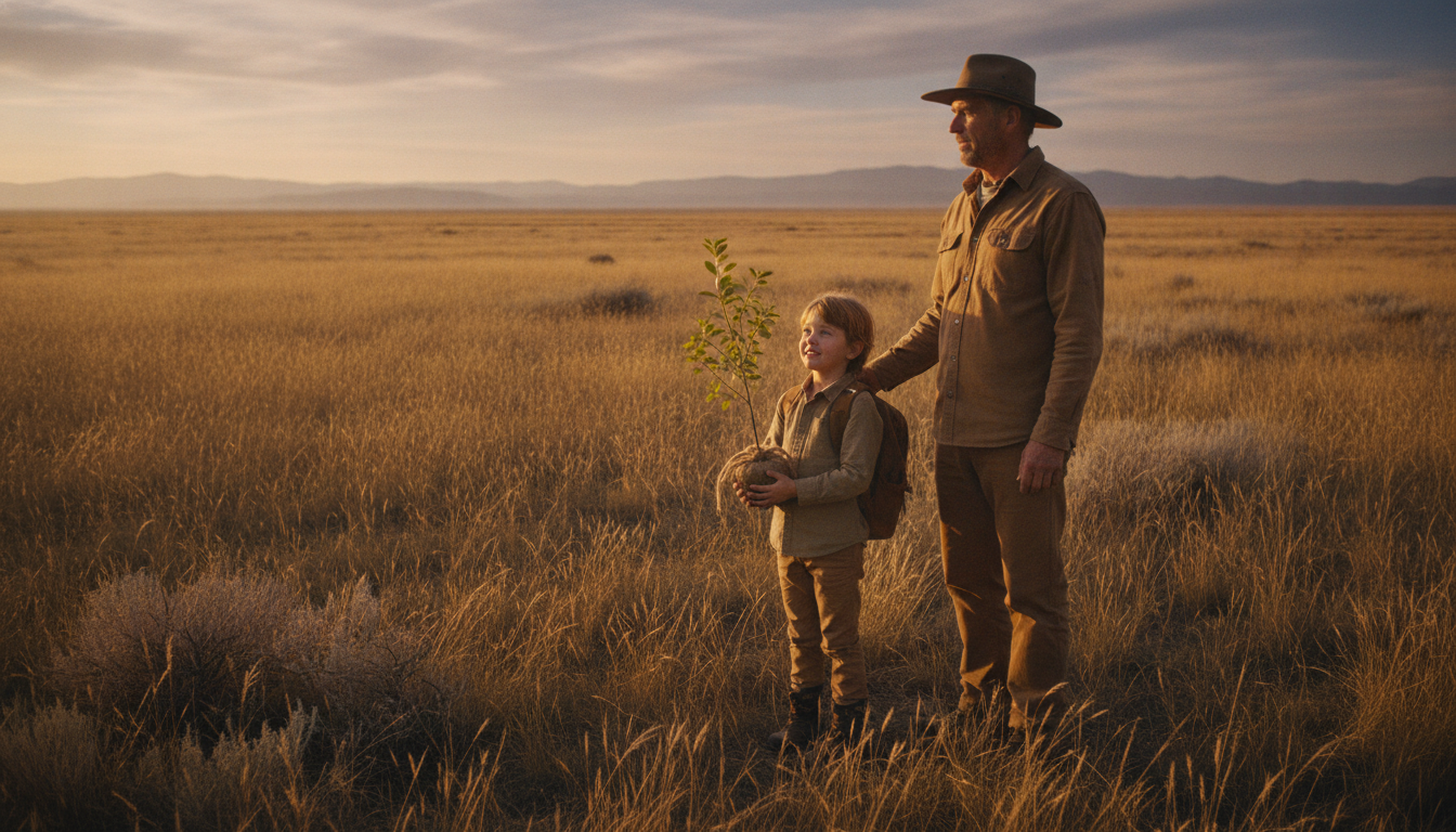 A parent and child standing side-by-side on a vast open plain with a wide horizon, looking forward. The child is holding a tiny, delicate sapling, and the parent is gently placing a hand on their back, not guiding, but supporting their posture, allowing the child to look in any direction they choose.
