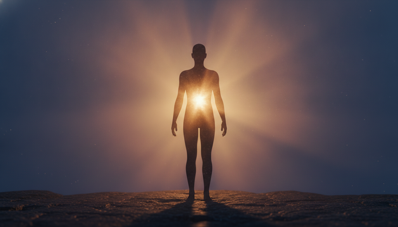 A peaceful, luminous space within a human silhouette, radiating a soft, warm light outwards, suggesting an overflowing inner state of being. The silhouette is standing on solid ground, grounded and complete in itself.