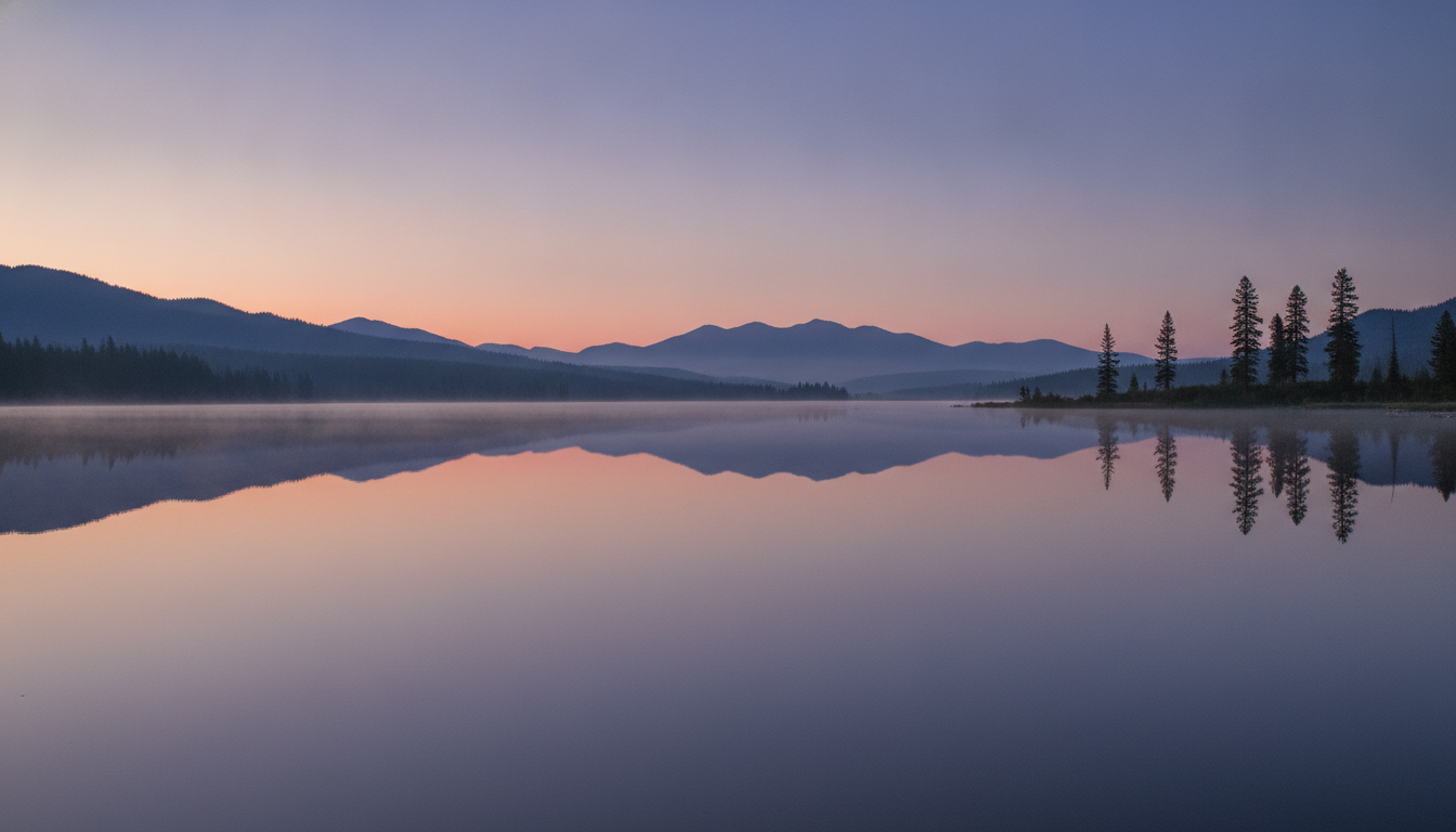 A perfectly still lake reflecting a clear, expansive sky at dawn, with no ripples or disturbances. The surface is perfectly flat, acting as a mirror.