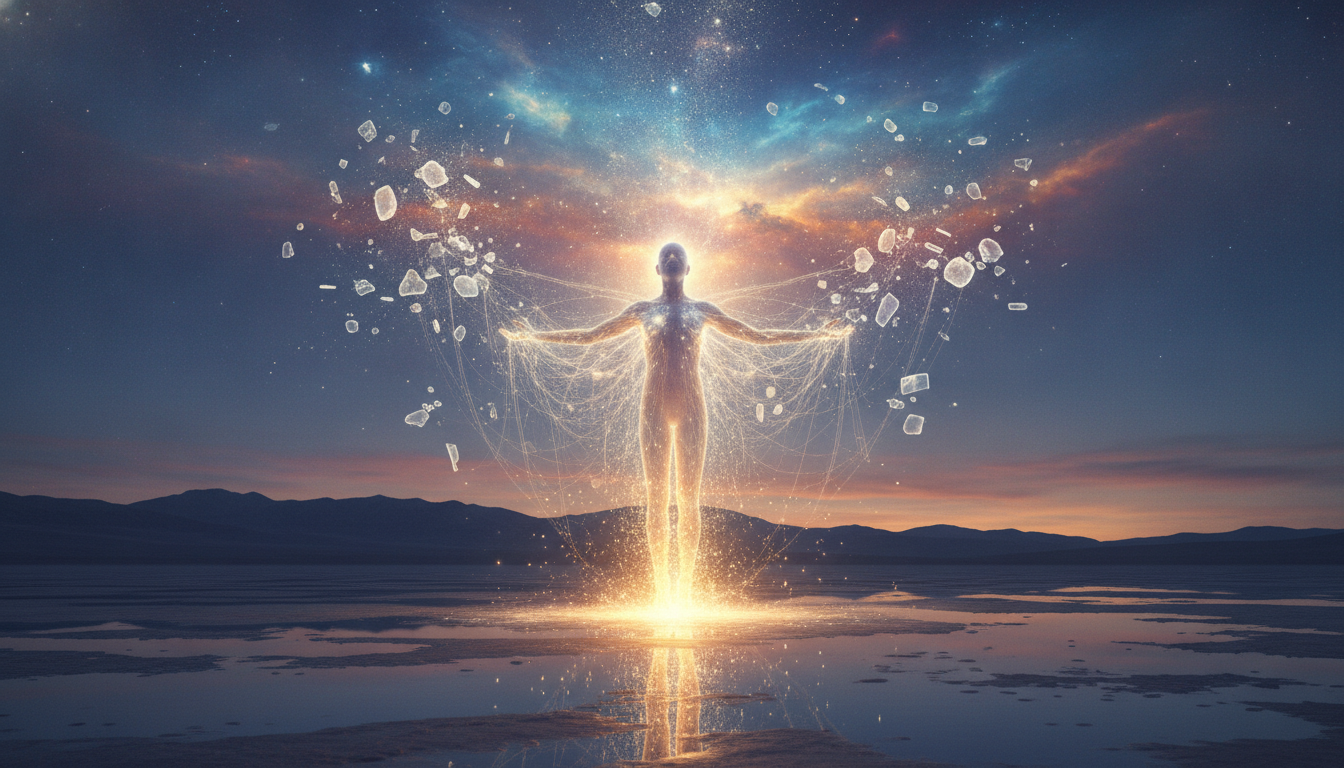 A person letting go of a multitude of glowing, ethereal strings that are attached to them, symbolizing attachments, and dissolving into pure light.