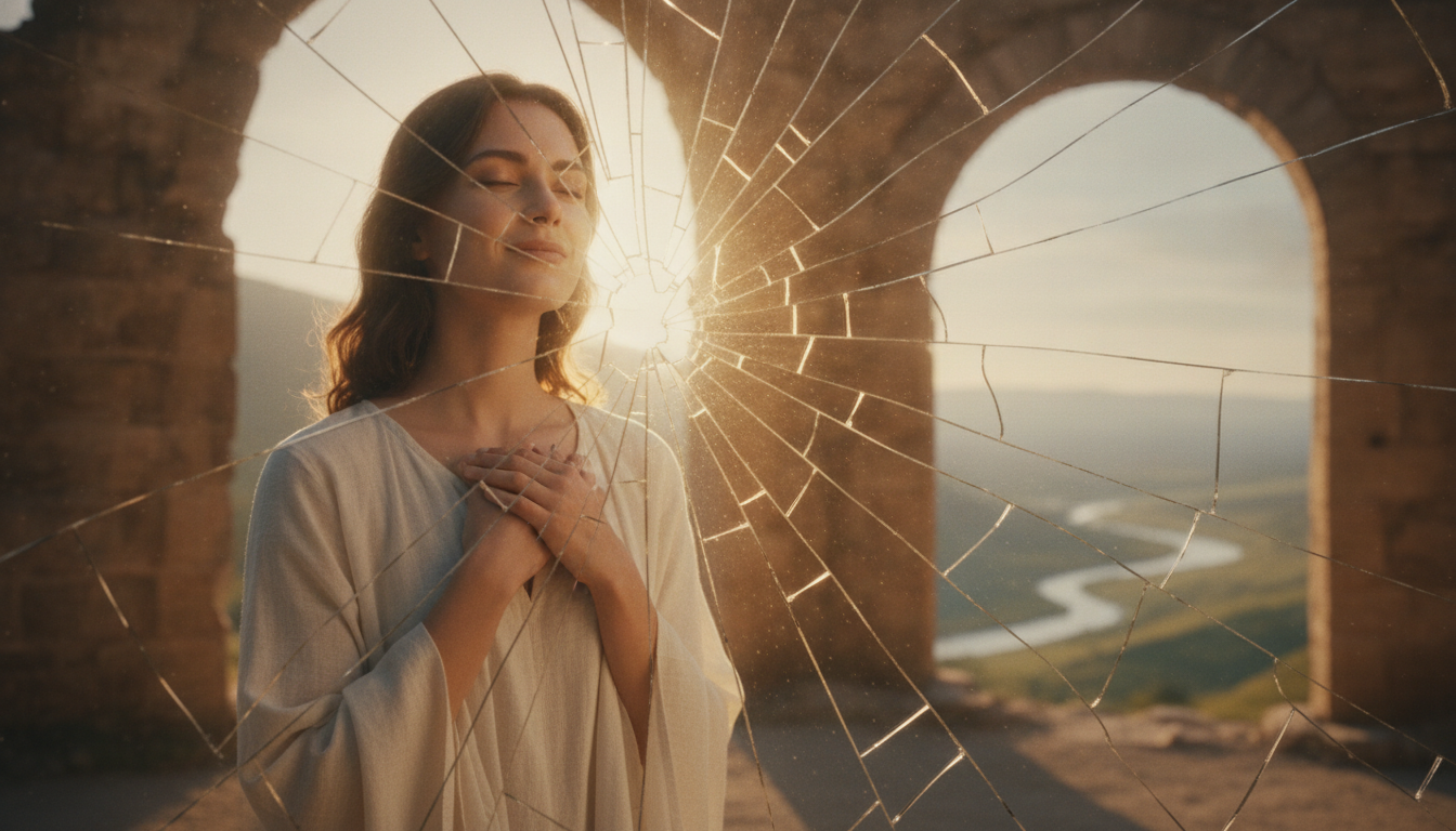A person looking at their reflection in a shattered mirror, with light shining through the cracks and a look of relief on their face.