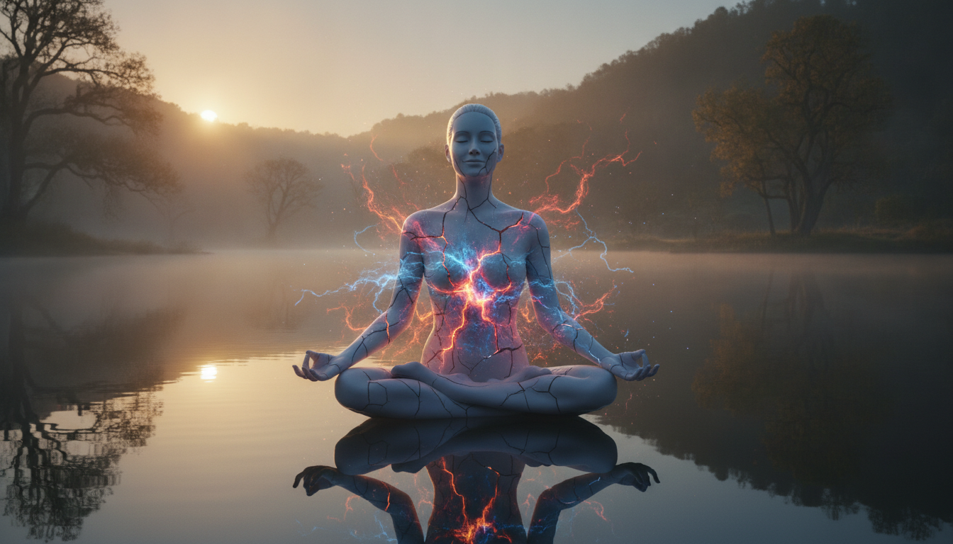 A person meditating serenely on the surface, but with subtle cracks appearing in their perfect composure, revealing chaotic energy beneath.