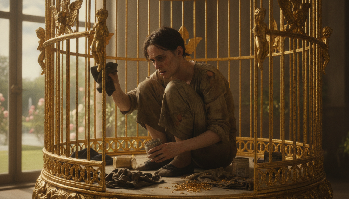 A person meticulously polishing a gilded cage from the inside, looking exhausted and trapped despite the 