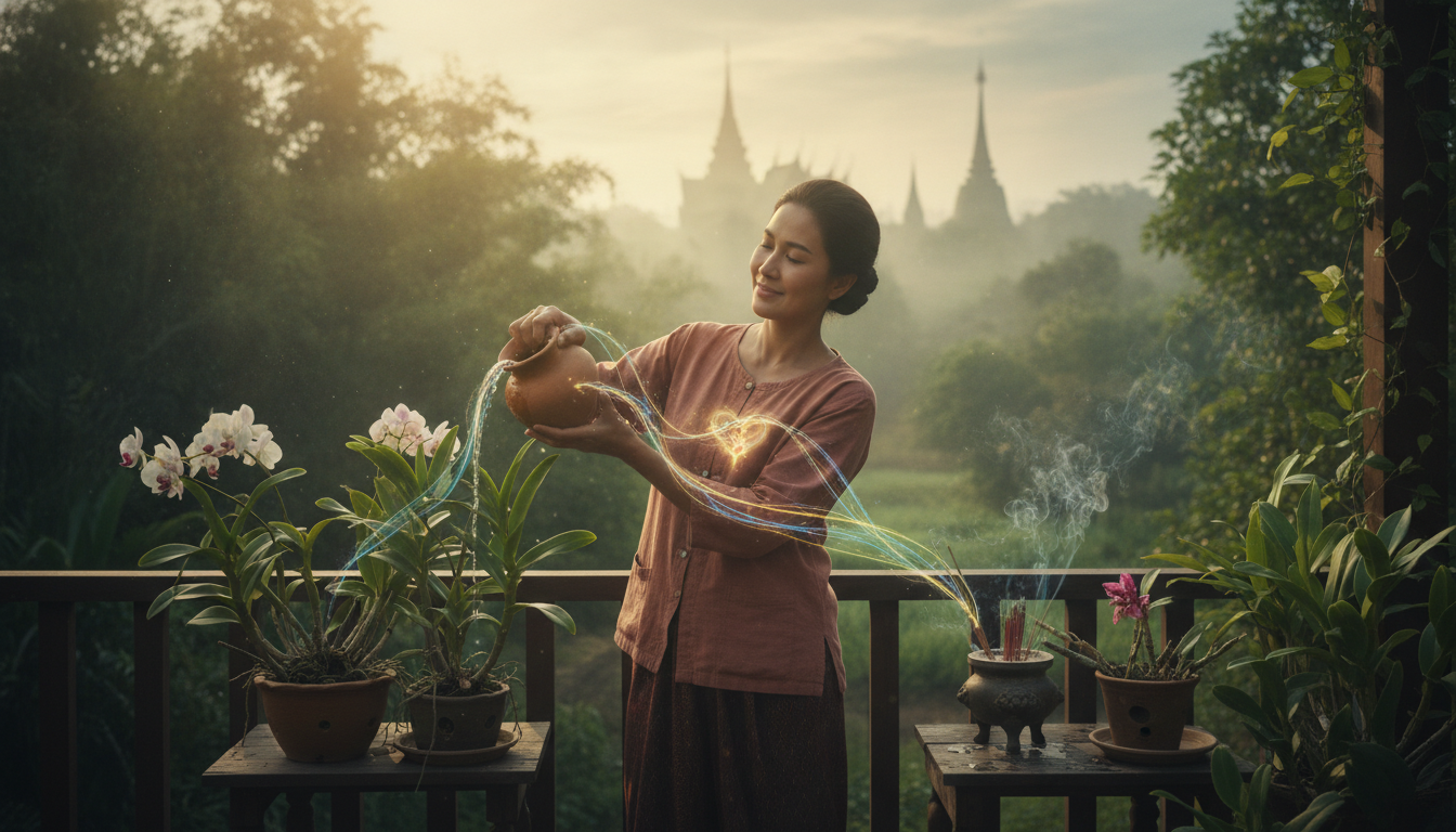 A person, perhaps a Thai individual, going about a mundane daily task like watering plants or lighting incense, but with an expression of deep inner peace and connection, subtly suggesting their awareness of the unseen world around them, perhaps with faint, glowing lines of energy connecting them to their actions and environment.