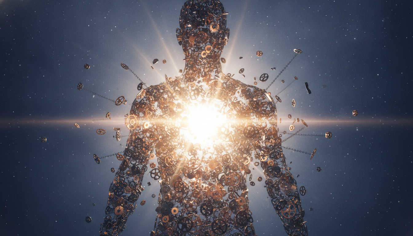 A person's inner world represented by intricate gears and cogs breaking apart, revealing a radiant, expansive light at the core.