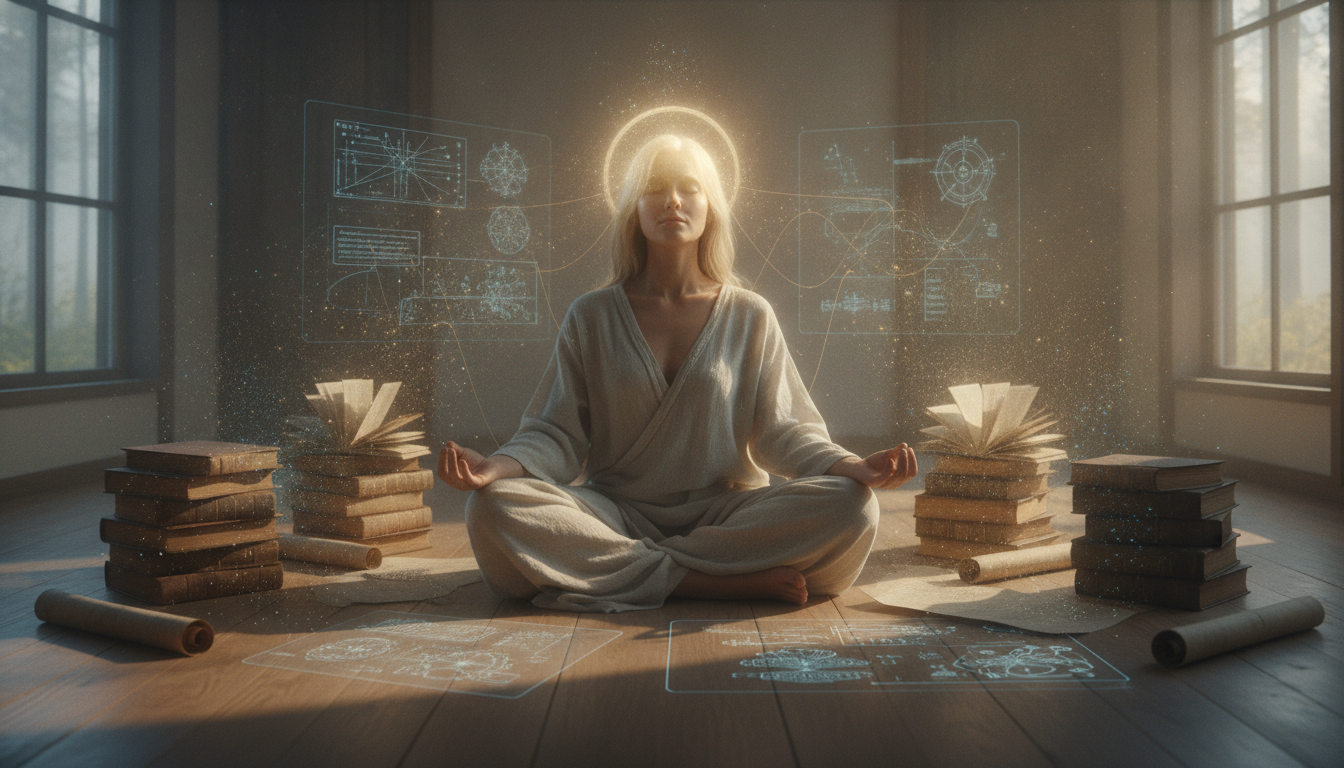A person seated in a meditative posture, eyes closed, with a soft, internal glow emanating from their head. Around them, various academic books and theoretical diagrams appear to be dissolving into light or becoming transparent, symbolizing the transcendence of intellectual frameworks through inner insight.