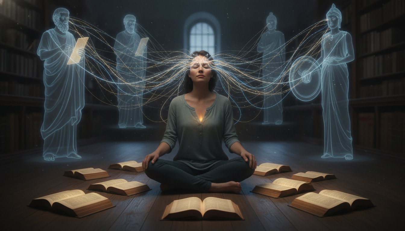 A person sitting cross-legged, eyes closed, but with many glowing strings leading from their head to various open books and illuminated figures, suggesting external influence dominating internal thought.