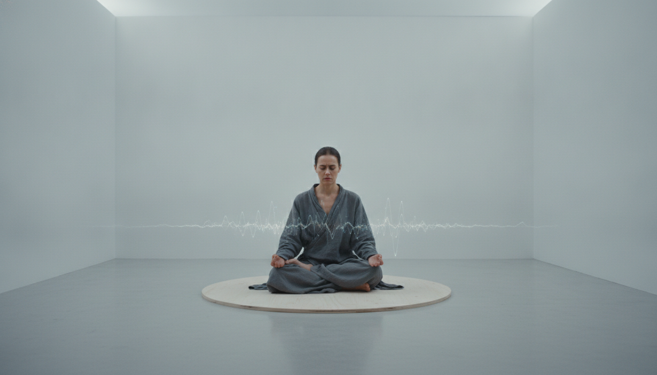 A person sitting cross-legged in a stark, minimalist room, surrounded by a soft, diffused light, looking deeply inward with a contemplative and slightly pained expression. The air around them seems to vibrate with silent inquiry.