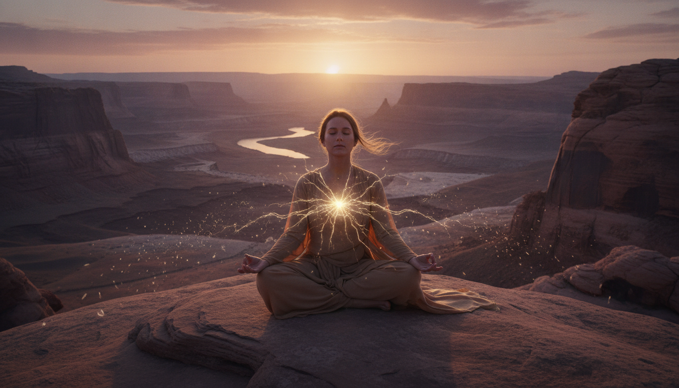 A person sitting in a lotus position, appearing initially serene, but with subtle cracks forming around their 'self' or ego, suggesting internal transformation and breakdown of old structures.