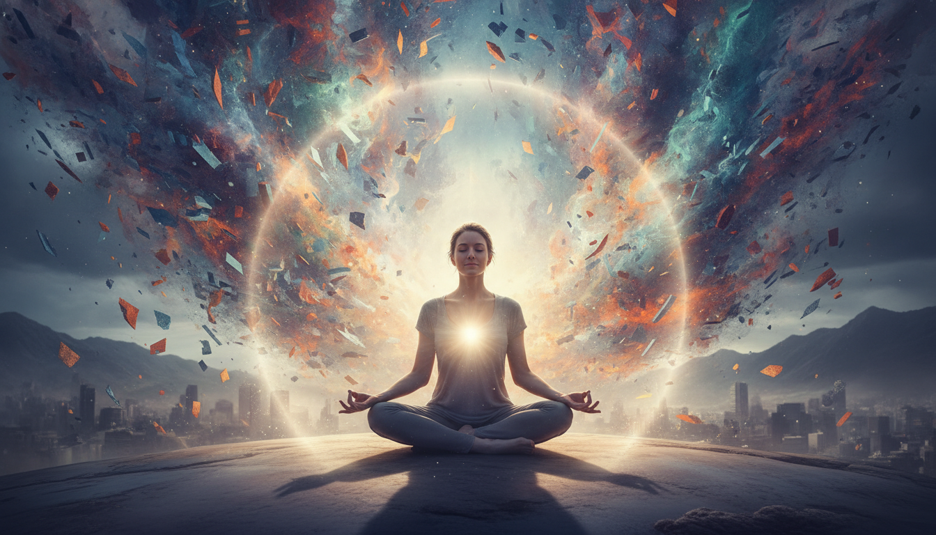 A person sitting in a meditative pose amidst swirling, chaotic thoughts represented by abstract patterns, but with a clear, calm light emanating from their core, symbolizing inner clarity amidst external and internal noise.