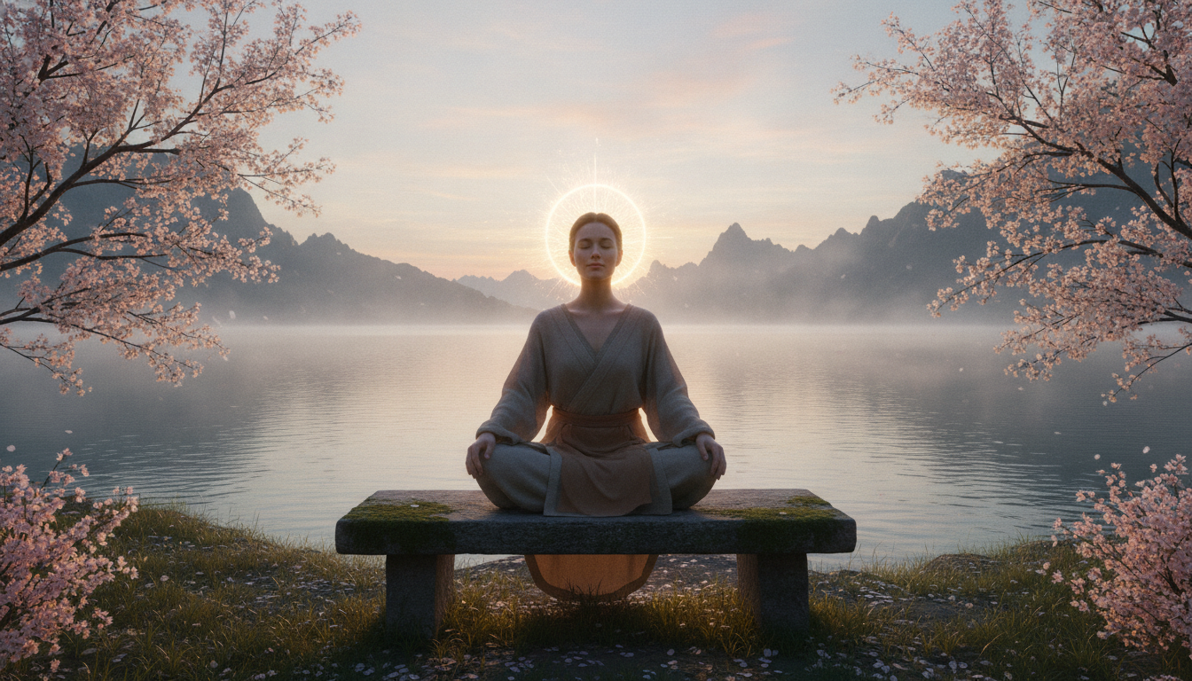 A person sitting in quiet contemplation, eyes closed, with a subtle glow or aura around their head, suggesting inner realization and peace.
