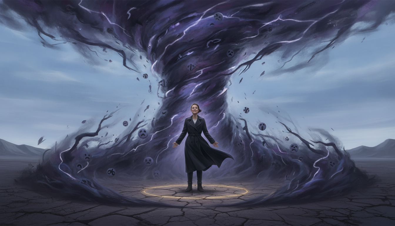 A person standing calmly amidst a swirling vortex of dark, energetic emotions, observing rather than being consumed. Their posture is firm, yet open, a slight knowing smile on their face.