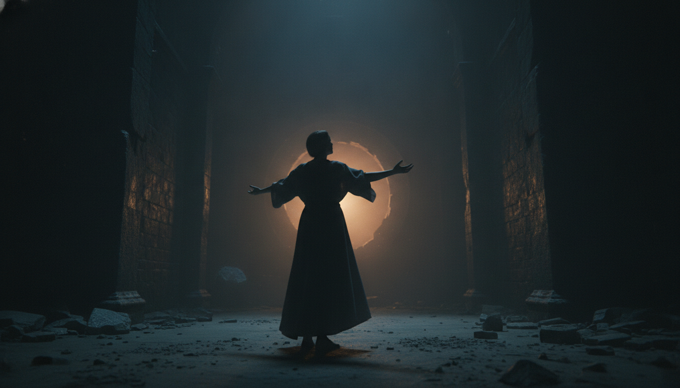 A person standing in a dimly lit room, reaching out with empty hands towards a distant, faint light, symbolizing an inner void seeking external love.