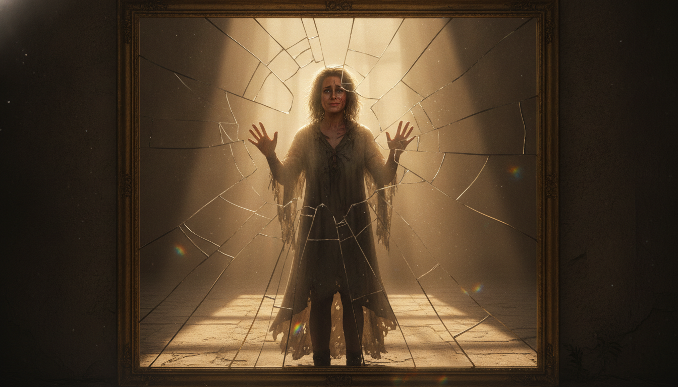 A person standing in front of a shattered mirror, looking at their true reflection with a mixture of fear and liberation, light streaming in from the broken glass. The person's face shows raw emotion, not vanity.