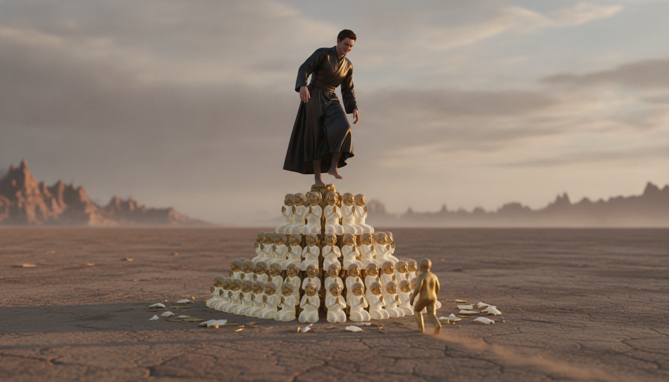 A person standing on a fragile pedestal made of small, grateful figures, looking down with a subtle smirk of satisfaction. One of the figures at the base starts to walk away, and the person on the pedestal looks momentarily concerned or annoyed.